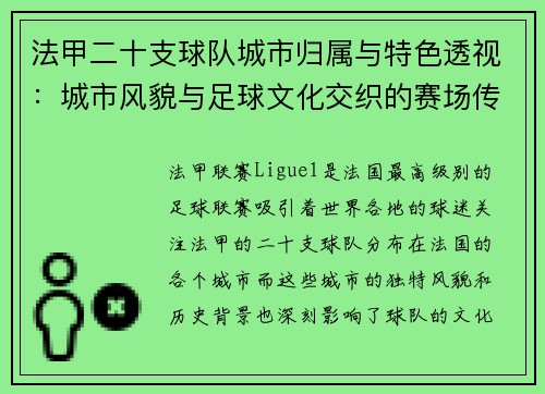 法甲二十支球队城市归属与特色透视：城市风貌与足球文化交织的赛场传奇