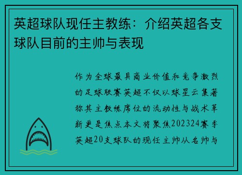 英超球队现任主教练：介绍英超各支球队目前的主帅与表现