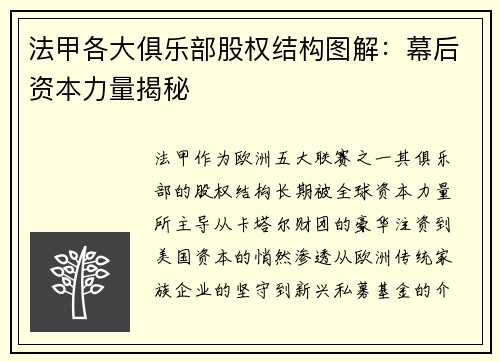 法甲各大俱乐部股权结构图解：幕后资本力量揭秘