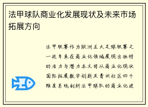法甲球队商业化发展现状及未来市场拓展方向